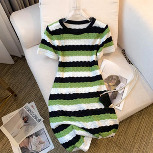Green striped short-sleeve knit dress