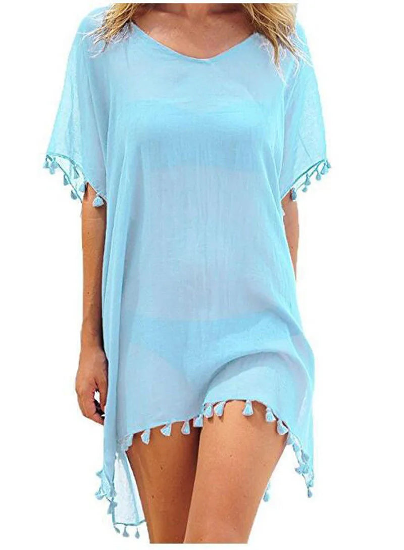 Sky blue tassel cover-up