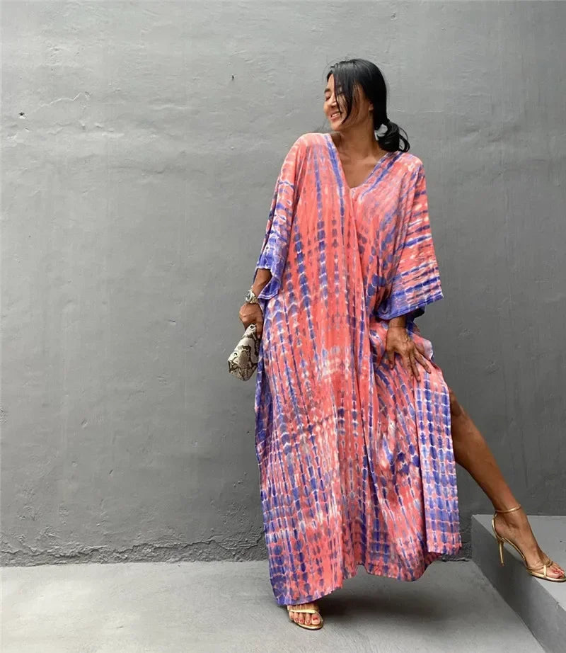 Coral and violet tie-dye kaftan