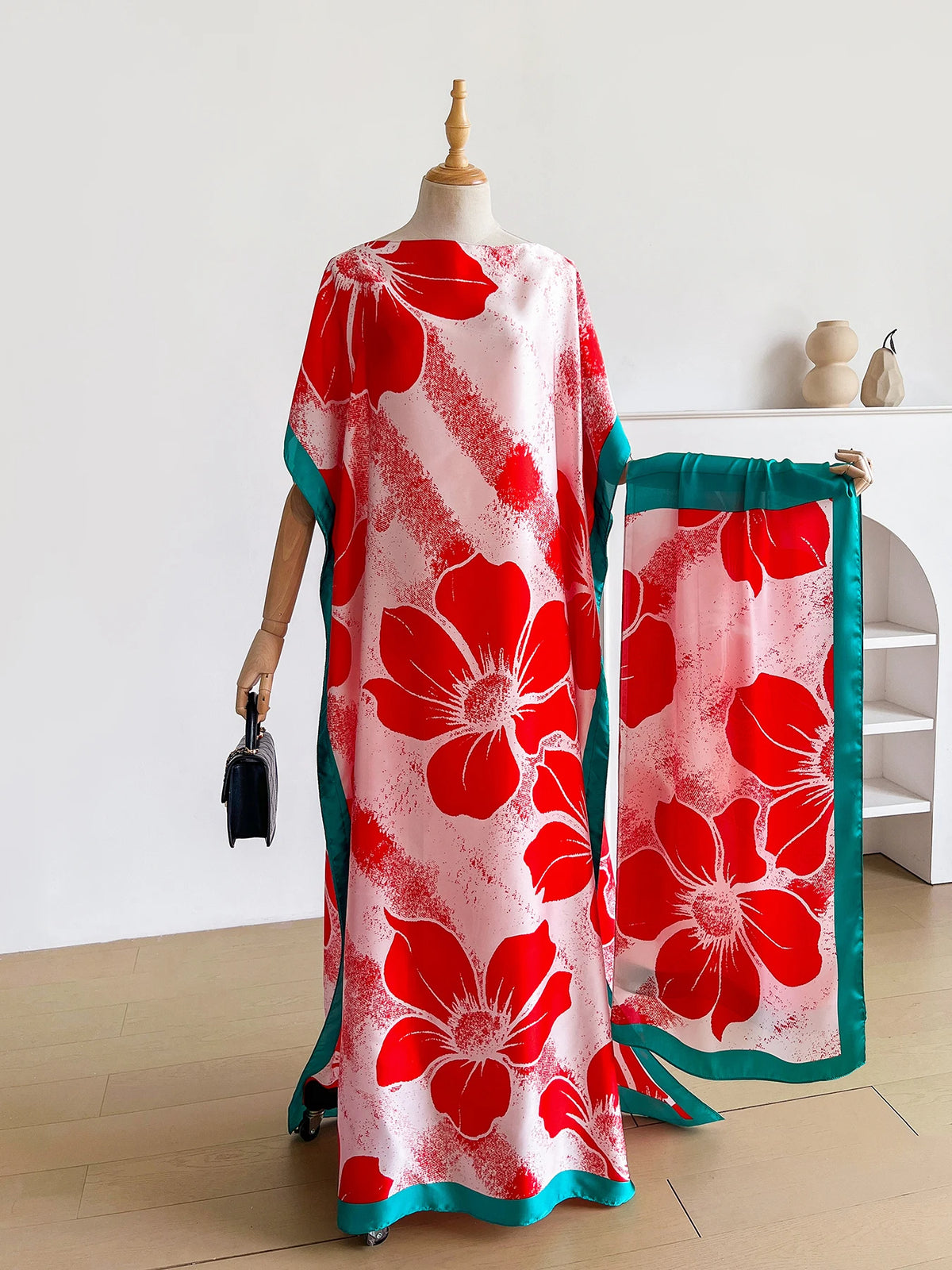 Coral red floral kaftan