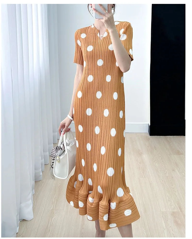 Camel polka dot pleated dress
