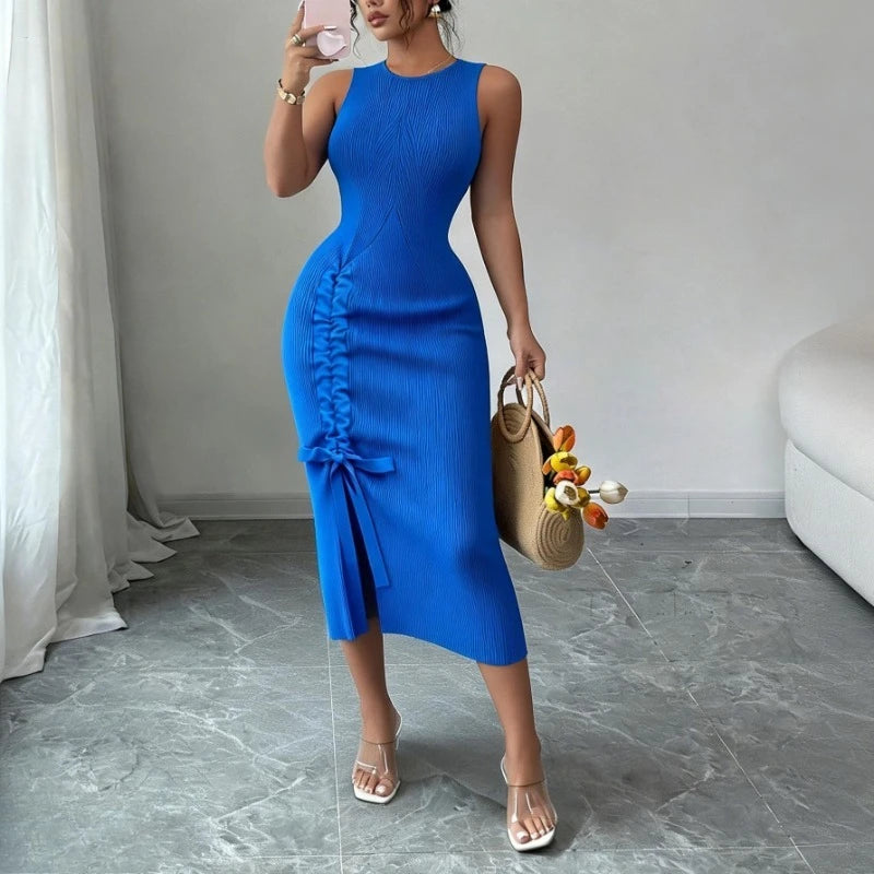 Blue ruched knit midi dress